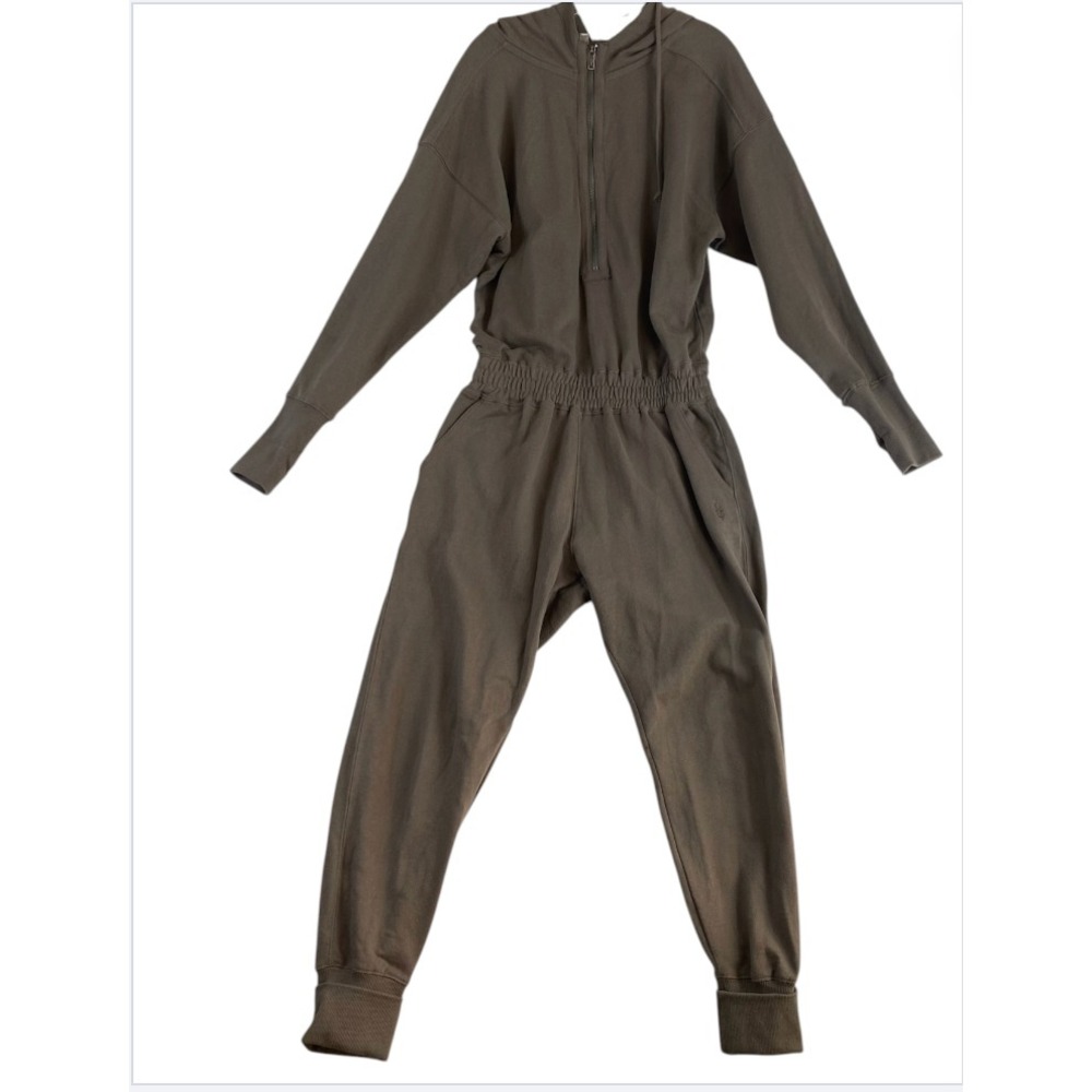 Free People Movement Jumpsuit Sz S Taupe Hooded Zip Front French Terry Lounge - Picture 2 of 11